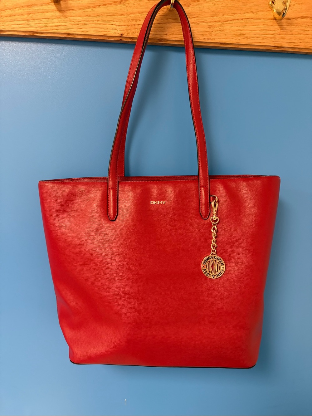 DKNY Red Leather Tote with Gold Logo Charm